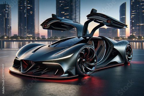 未来的な流線型デザインとガルウィングドアを備えた高性能エアロスーパーカー