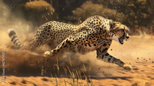 close up of a cheetah in full speed across the savanna, dust billowing in its wake, chasing its prey 