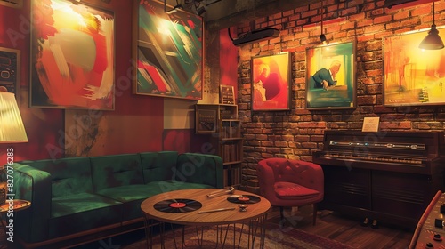 Cozy retro lounge with vibrant abstract paintings, green velvet sofa, and vintage decor, creating a warm and inviting atmosphere.