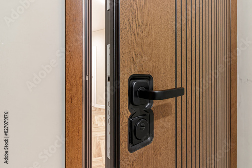 Security. Door of a family home. Close-up of the lock in an armored door in a department. Reinforced door
