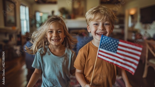 Funny kids having fun running around with USA flags in living room at home celebrating Independence Day with their parents.