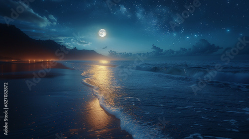 A tranquil moonlit beach with gentle lapping waves.