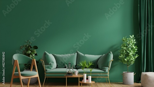 Living room interior has an green armchair on empty dark green wall background- 3D rendering | Modern wooden living room has an yellow armchair on empty dark green wall background- 3D rendering 