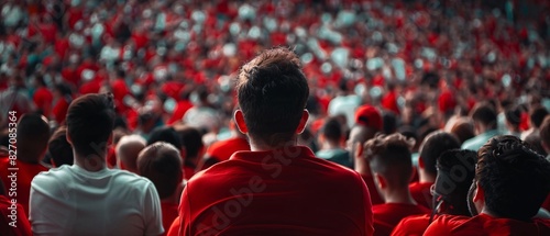 Disappointed football fans react to their team's loss in the stands. Faces show sadness and dismay after the defeat. the fans wearing red and white t-shirt .