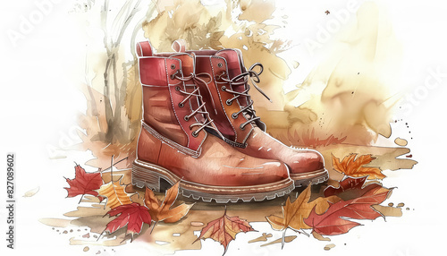 A pair of brown boots with laces are on a leaf covered ground