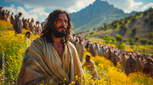 Jesus performing the miracle of feeding the 5000, with loaves and fish multiplying in his hands. He stands on a hillside surrounded by a large, amazed crowd and his disciples. 