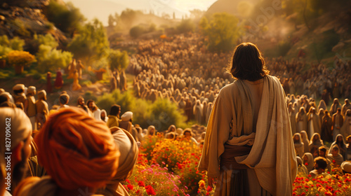 Jesus performing the miracle of feeding the 5000, with loaves and fish multiplying in his hands. He stands on a hillside surrounded by a large, amazed crowd and his disciples. 