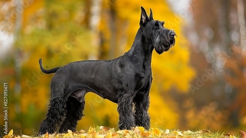  A black Schnauzer stands atop a grassy field, framed by a forest ablaze with yellow and orange autumn leaves