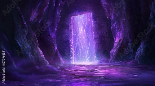 Exit of a labyrinth, opening, cartoon, eerie, purple light