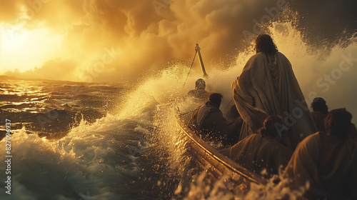 Jesus calming the storm on the Sea of Galilee, standing at the bow of a small boat with his disciples looking on in awe. The scene captures the dramatic moment as the raging waters and dark skies 