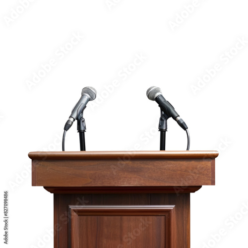 A podium with microphones set up for a presidential debate between candidates, isolated on transparent background