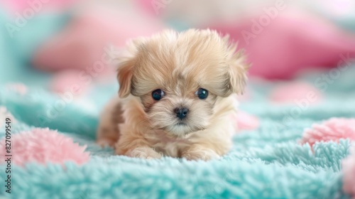  A small dog, brown and white, lies on a blue-pink blanket adorned with pink pom-pom poms