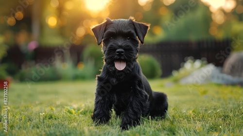  A black dog sits in the grass with its tongue hanging out, sun shining in the background