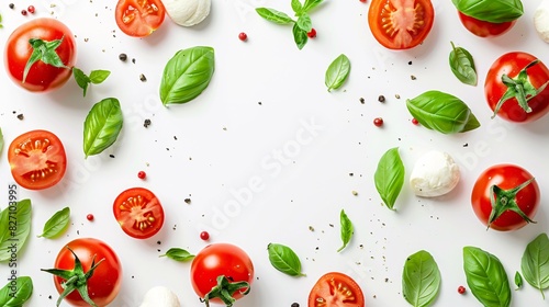 Fresh caprese salad ingredients on white background. Elegant flat lay