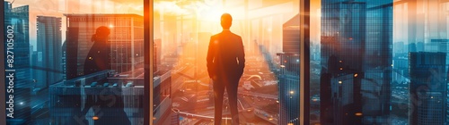 Businessman standing in his office and looking at a cityscape with skyscrapers during sunset, depicting the concept of a successful businessman working on a project or taking a virtual online meeting