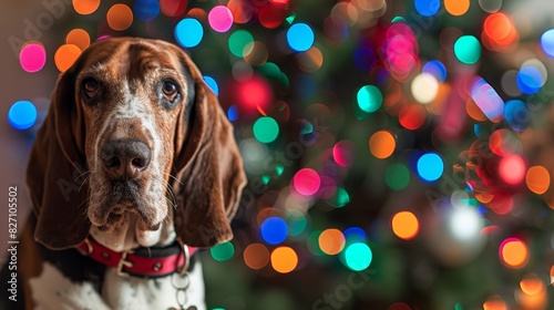  A tight shot of a dog gazing at a Christmas tree, background softly lit with multihued Christmas lights A Christmas tree stands prominently in the foreground