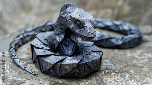 A metal origami basilisk with a coiled body and fierce eyes, the metallic folds capturing the essence of its serpentine form