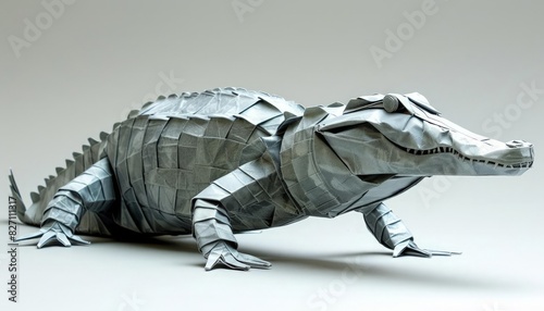 A metal origami crocodile with its body low to the ground, each fold creating a textured, scaly appearance