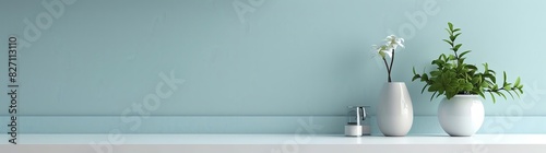 Minimalist mockup of white empty countertop on light blue kitchen wall with accessories, close up. Modern interior design for home or hotel in pastel color background. 3D rendering illustration