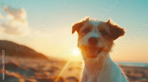  A tight shot of a dog at the shoreline, sun behind, person in foreground holds frisbee