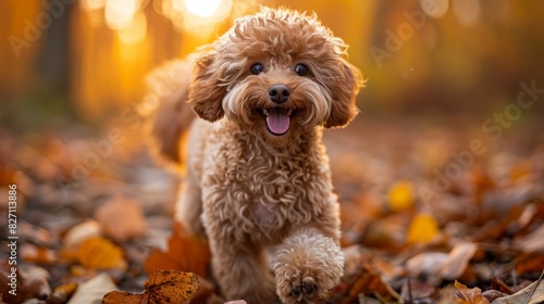  A small brown dog runs through a forest, surrounded by numerous falling leaves Leaves scatter on its head With an open mouth and tongue out, it expresses joy