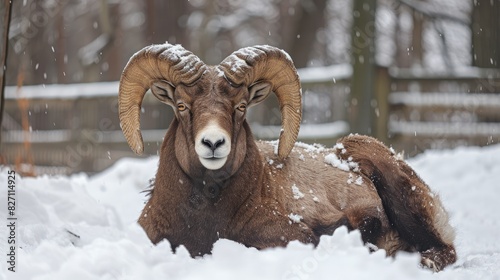 Winter portrait of a zoo dwelling mountain sheep
