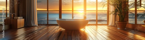 A luxurious bathroom with wooden floors, an elegant bathtub in the center of it and large windows overlooking the sea at sunset. The scene is bathed in warm golden light from the setting sun, creating