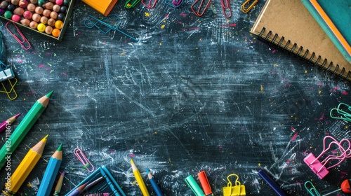 Frame of school supplies including crayons, glue sticks, sticky notes, and chalk, laid out in a flat lay style around a blackboard with ample room for text or design in the center
