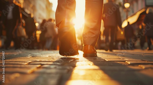 Businessman walking on the street with shoes in a closeup, blurred crowd in the background, golden hour light. Concept of success and business lifestyle.
