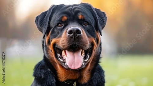  A tight shot of a black and brown dog with its mouth open and tongues hanging out