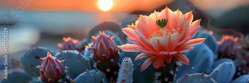 A cactus flower looking at the sun, A cactus with a pink flower on top of its head 