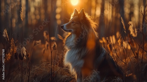  A dog sits in a forest, sun shines on its back Head is in photo's foreground