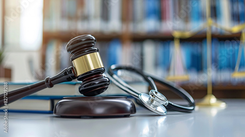 a gavel and a stethoscope on a table
