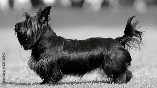 A black and white image of a dog standing in the grass with its hair rustling in the wind No black and white background is depicted in this photograph