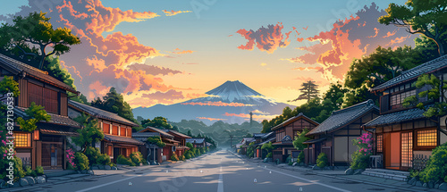 Vector illustration of japanese village on evening, peacefull, warm, comfy