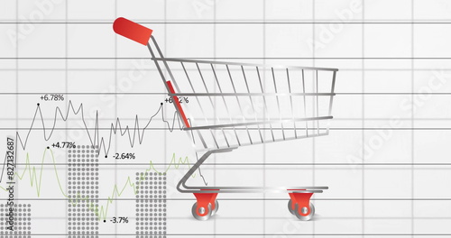 Image of data processing and diagram over shopping cart