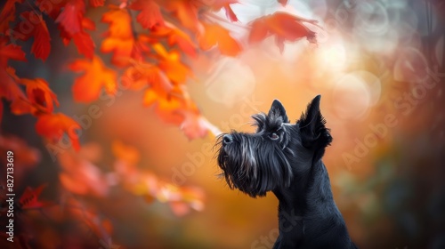  A small black dog gazes up at a tree adorned with red and orange leaves In front of him, another tree boasts similarly colored foliage