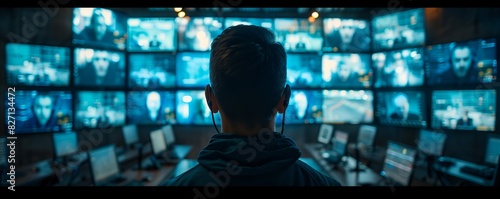 A security officer wearing a headset monitors multiple screens in a high-tech surveillance control room.