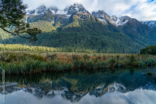 Amazing mountain reflections in the small alpine Tarn near Milford Sound