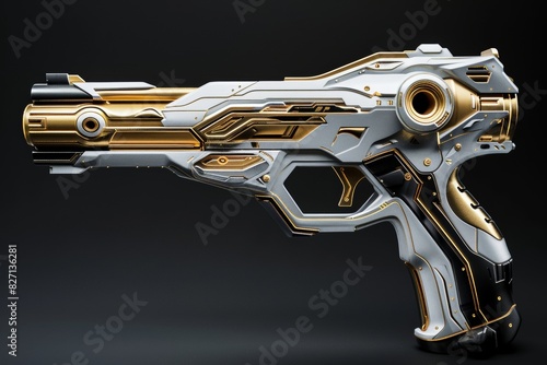 A sci-fi themed image showcasing a sleek gun designed with elements of glue and gold, captured in a documentary photography style