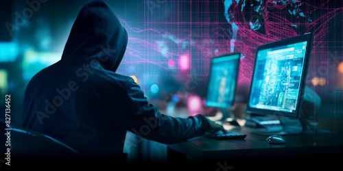 Hacker breaking into security network system stealing user personal data and financial information. Cyber crime attack, fraud and malware threat in digital transaction against business data protection