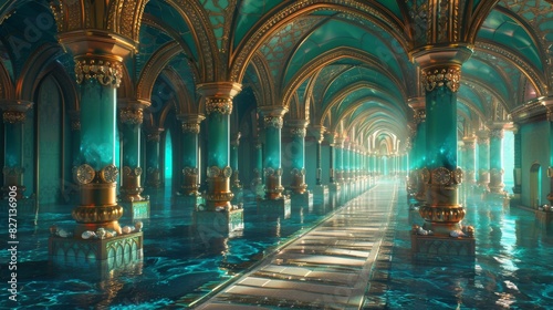 An opulent underwater palace, adorned with golden arches and pearl-studded columns, lit with ambient turquoise light, CG 3D, highly detailed, photorealistic style
