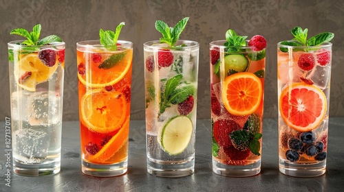 Summer drinks, Five glasses of refreshing fruit infused water with mint.
