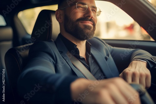 Happy businessman fastening seatbelt in a car. Young happy entrepreneur fastening his seatbelt before going on a trip by car and looking at camera