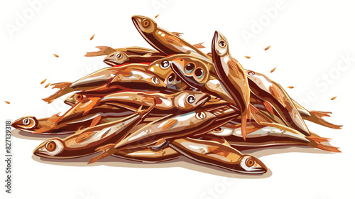 Pile of delicious fried anchovies on white background