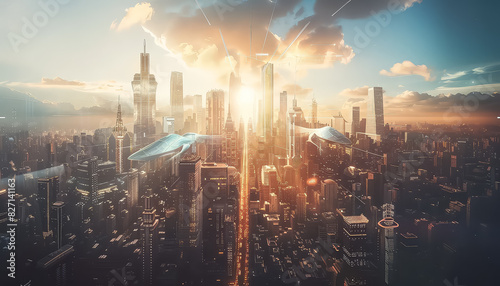 A futuristic cityscape with many buildings and flying objects