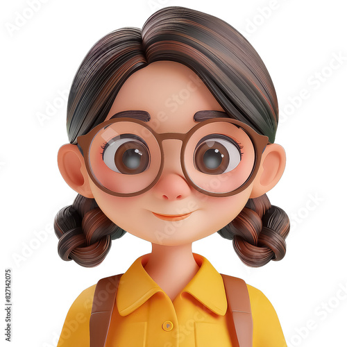 A cartoon girl with glasses and a brown jacket