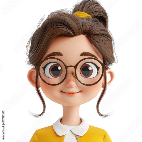 A cartoon girl with glasses and a brown jacket