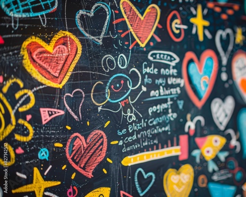 Capture a close-up shot of a chalkboard adorned with whimsical doodles and vibrant colors, inviting customization Perfect for a dynamic social media campaign or educational project