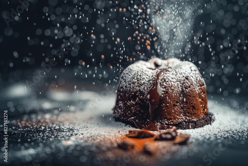 Capture a mouth-watering, high-angle shot of a decadent chocolate lava cake Highlight the gooey center, sprinkled with powdered sugar, in photorealistic detail